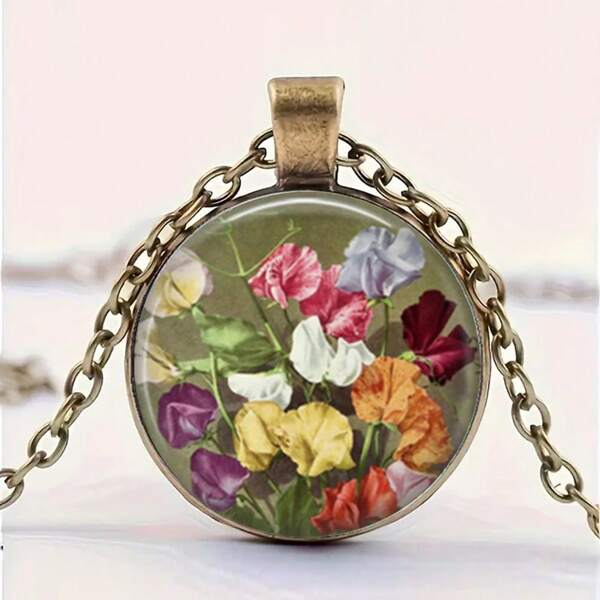 Collar colgante de GUISANTE DULCE, regalos de joyería de guisante dulce para jardineros - Paquete de semillas de la flor Lathyrus Odoratus, arte de paquete de semillas, joyería floral vintage