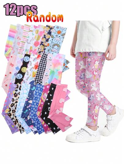 6/12 piezas Leggings de niña con estampado de dibujos animados, ajuste ceñido, colores surtidos, incluyendo estilos ocultos, aptos para uso diario
