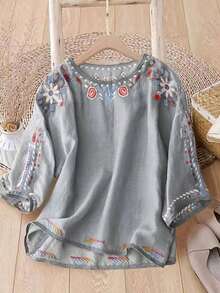 春夏刺绣 T 恤、宽松休闲轻便衬衫、流浪汉波西米亚花卉刺绣优雅衬衫、植物刺绣复古衬衫、假日短袖上衣 - 淺灰色 - 查看 2