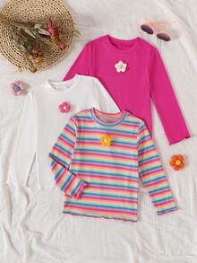 3pcs Young Girls Casual Ribbed Long Sleeve Floral Top + Colorful Ribbed Long Sleeve Set - Nhiều màu - Xem 1