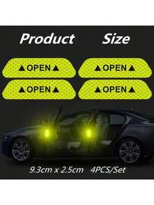 4pcs Reflective Car Door Warning Stickers, Anti-Collision Decals With Open Sign, Night Reflective High Temperature Decorative Stickers