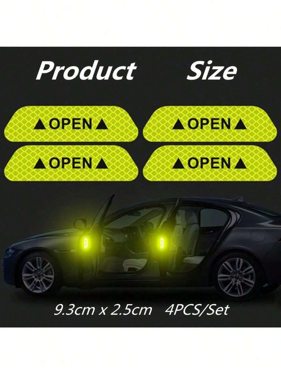 4pcs Reflective Car Door Warning Stickers, Anti-Collision Decals With Open Sign, Night Reflective High Temperature Decorative Stickers
