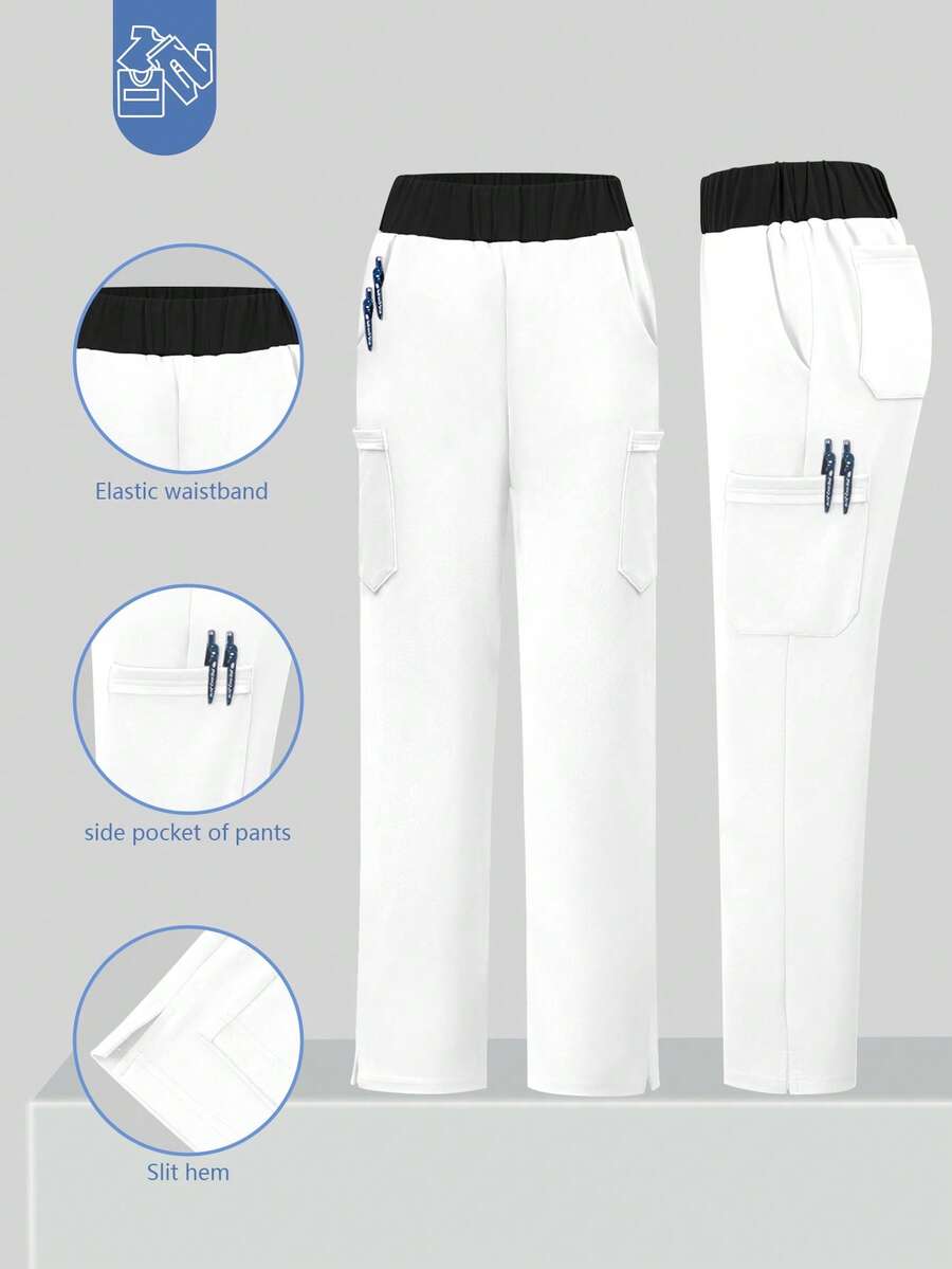 Women's Colorblock Elastic Nursing Pants, Comfortable Pants, Mid-Rise Waistband Pants, Solid Color Simple Multi-Pocket Pants