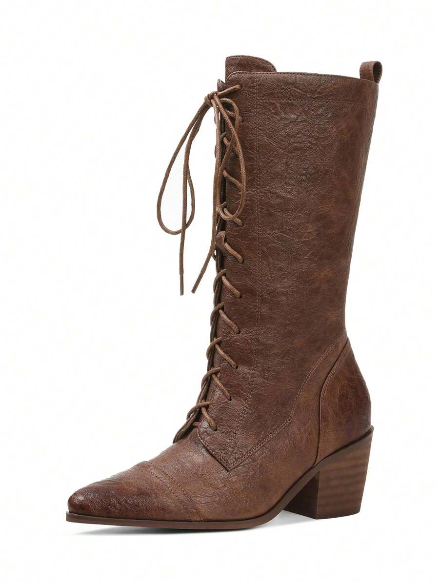 Women's Retro Pointed Toe Boots Fashion Block Chunky Heels Side Zipper Lace-Up Casual Party Dress Fall Vintage Mid Calf Boots Woman - 棕色 - 查看 1