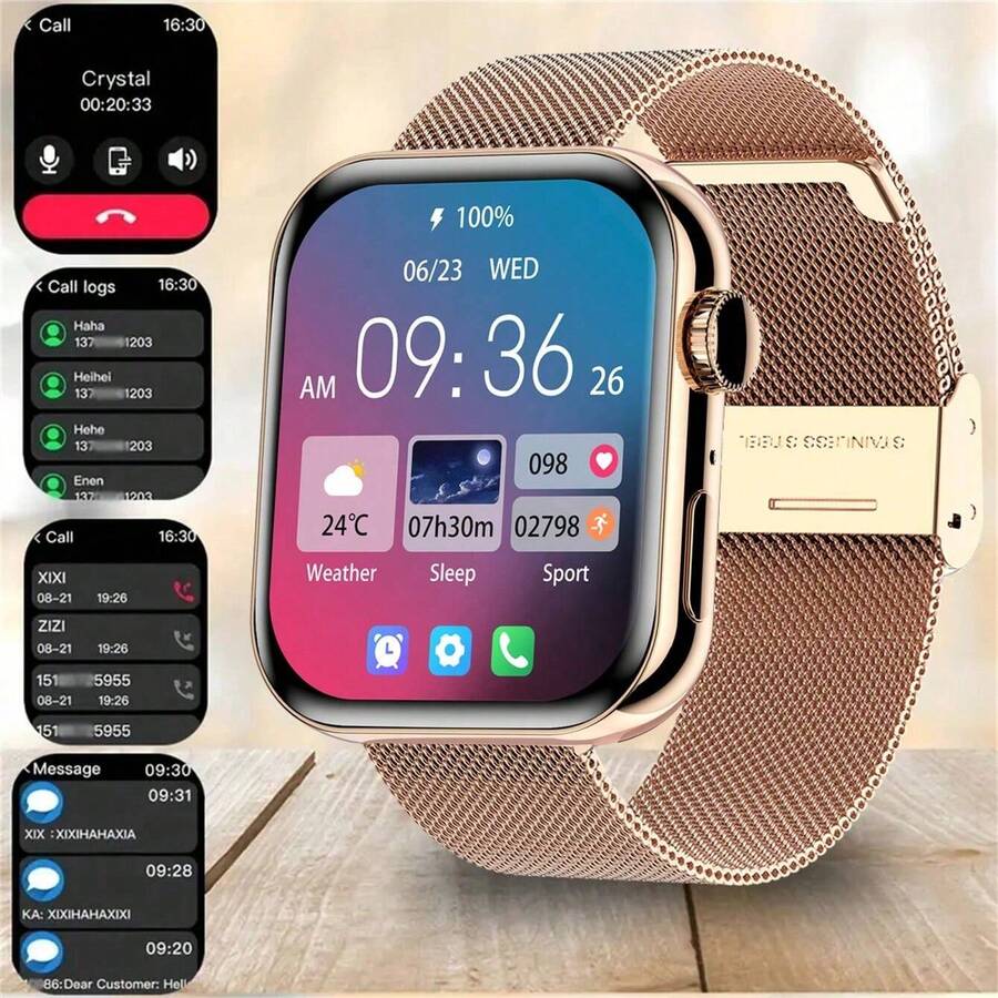 2025 新款时尚女士智能手表，1.83 英寸（4.6 厘米）显示屏，具有无线通话、消息推送、NFC 访问、天气、远程摄影、自定义表盘、音乐控制男士智能手表、多种锻炼模式、心率/血压/睡眠健康监测，兼容 Android 和 iOS，情人节礼物。 - 金網鋼 - 查看 1