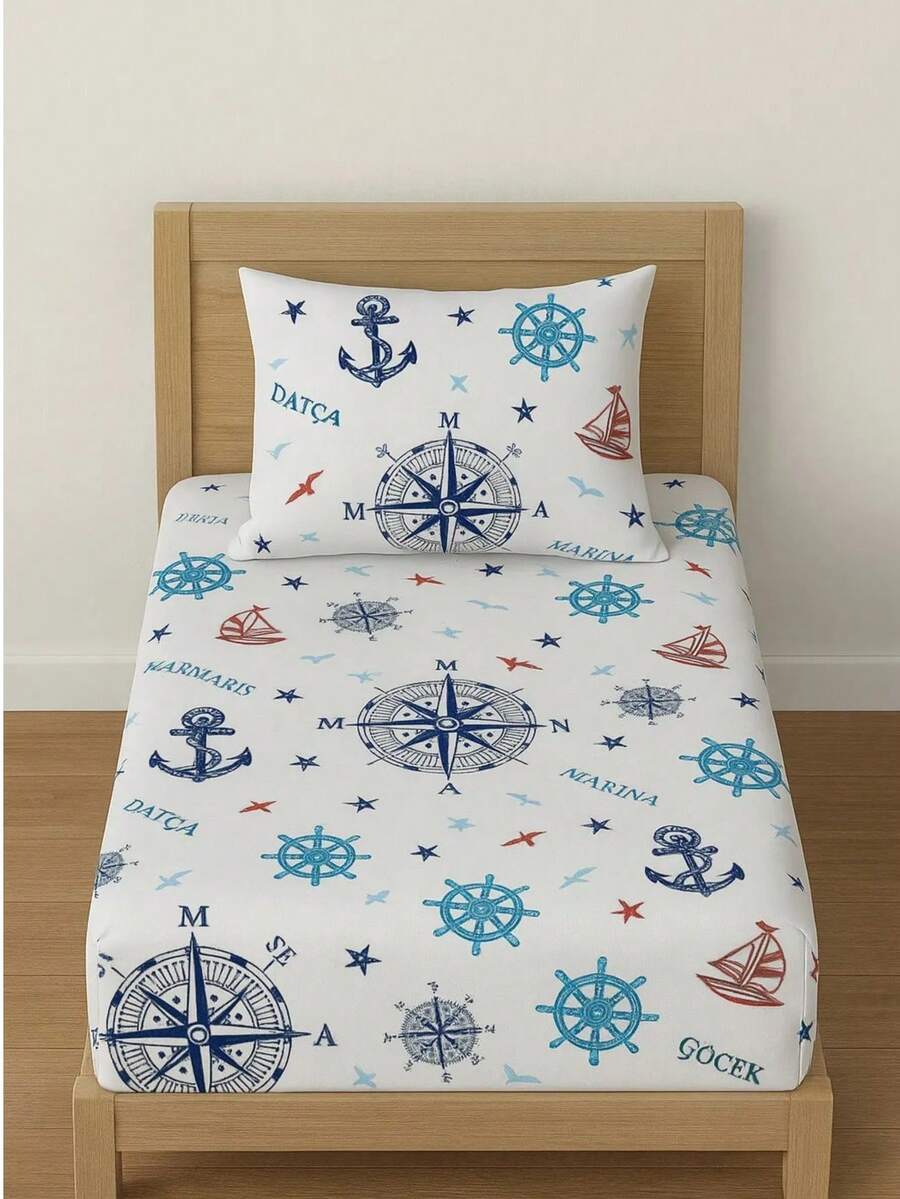 Juego de 1 sábana ajustable con estampado (1 pieza) Hecho en Turquía - Algodón turco - 100x200 cm + (1 pieza) Funda de almohada 50x70 cm | Ropa de cama suave y duradera - Azul - Ver 1