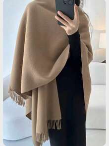 1 件优质仿羊绒燕麦色超大披肩开衫，女士冬季保暖围巾 - 米色 - 查看 4