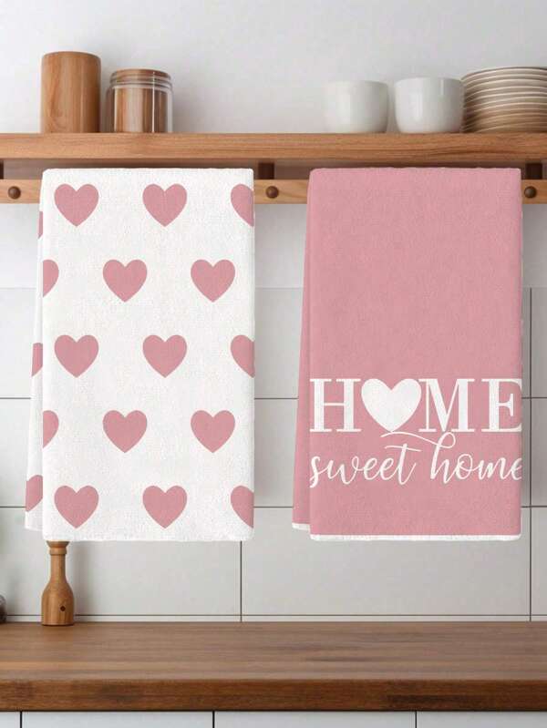 2pcs Heart Pattern Kitchen Towels, Soft & Absorbent Machine Washable Polyester Dishcloth, Perfect For Kitchen Decor, Cooking.Baking, Holiday Decor & Bathroomssentials, TableDecor, Kitchen Supplies.