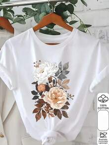 Women's 100% Cotton Floral Printed Short Sleeved T-Shirt - Black With White Peach Blossom, Casual Round Neck Top, Machine Washable Versatile T-Shirt For Spring And Summer, Soft Texture Shirt - White - View 1