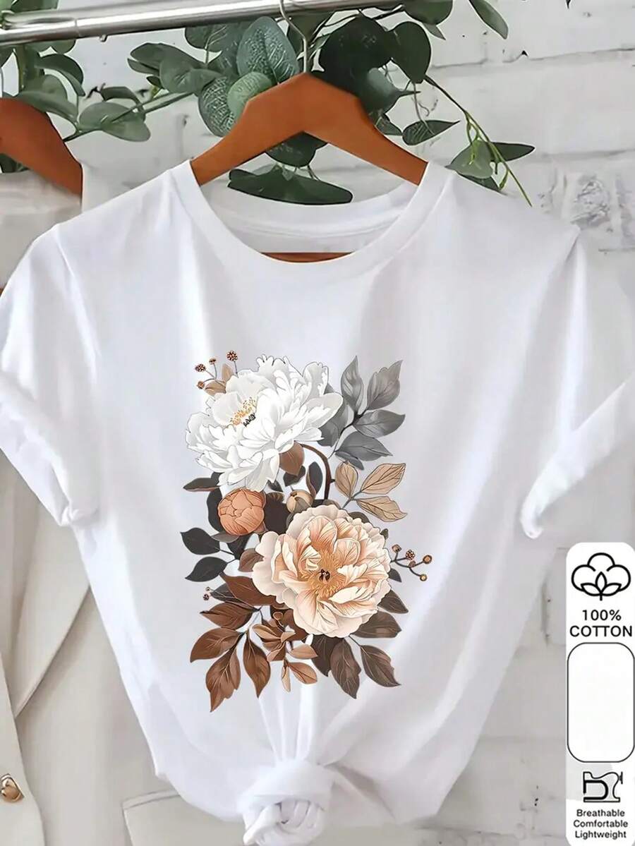 Women's 100% Cotton Floral Printed Short Sleeved T-Shirt - Black With White Peach Blossom, Casual Round Neck Top, Machine Washable Versatile T-Shirt For Spring And Summer, Soft Texture Shirt - White - View 1