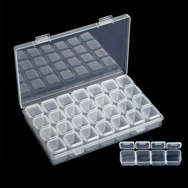 1 pieza Caja de almacenamiento de pintura de diamantes de 28 rejillas, organizador de plástico para cajas de pintura, adecuado para accesorios de bordado, cajas de almacenamiento de manualidades y artesanía DIY, contenedores de almacenamiento de cuentas, cajas de diamantes, cajas de cuentas, pintura de diamantes.