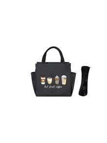 2pcs/Set Lunch Bag Insulated Bag, Printed Coffee Pattern Lunch Bag, With Black Cutlery Storage Bag, Double Pocket Lunch Box Bag, Large Capacity, Student Teacher Meal Insulated Cooler Bag, Portable Travel Picnic Bag, Office School Lunch Bag, Insulated Lunch Box, Work Lunch Box, Office Holiday Lunch Box, Multifunctional Camping School Lunch Box, Unisex, Back To School Gift