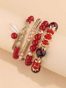 Set de 4 piezas de pulsera de aleación y cuentas de vidrio, con colgante de cereza y corazón, adecuado para uso diario de adolescentes - Multicolor - Ver 6