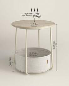 VASAGLE End Table, Small Bedside Table With Fabric Basket, Modern Nightstand, Round Side Table, For Living Room, Bedroom, Cream White - 奶油白 - 查看 3