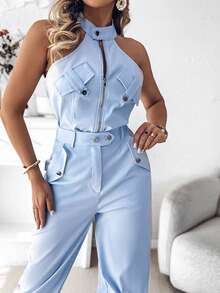 ChicMe Bộ đồ thể thao 2 món cho nữ gồm áo vest không tay và quần jogger có túi, trang phục thường ngày, mặc hàng ngày - Màu xanh nhạt - Xem 6