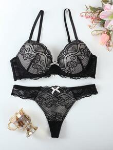 2 peças de sutiãs push-up sensuais de renda, sutiãs com aro anti-flacidez - Preto - Ver 6