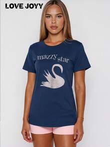 LOVE JOYY Mazzy Star 女士休闲圆领 T 恤，可爱天鹅卡通印花图案，乐队短袖 T 恤，送给她的礼物，复古 90 年代乐队 T 恤，适合所有季节 - 藏蓝色 - 查看 1
