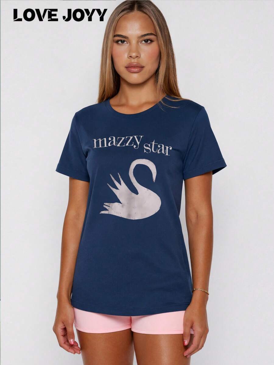 LOVE JOYY Mazzy Star 女士休闲圆领 T 恤,可爱天鹅卡通印花图案,乐队短袖 T 恤,送给她的礼物,复古 90 年代乐队 T 恤,适合所有季节 - 藏蓝色 - 查看 1