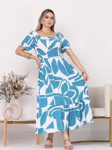 Women's Long Midi Dress With Puffer Sleeves And  Frills, Off-The-Shoulder, Tres Marias Floral - 綠松石藍 - 查看 3