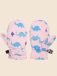 1 par de luvas infantis grossas e quentes de inverno com estampa de dinossauro em cores sólidas para atividades ao ar livre - Multicolorido - Ver 5