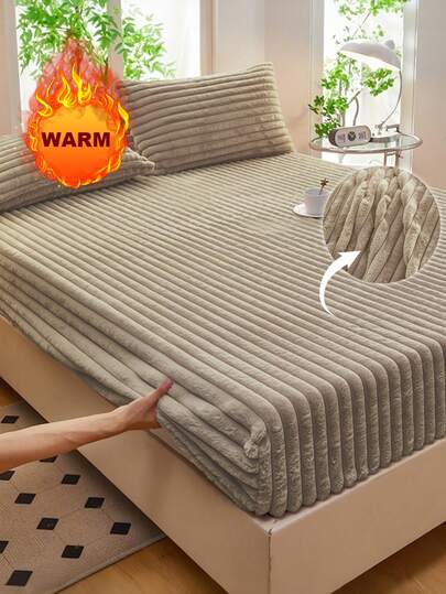 1pc Striped Fleece Thickened Warm Fitted Sheet Fitted Sheet Set, Plush Mattress Protector Cover, Luxury Ultra Soft And Cozy Fabric For Bedroom, Dorm, Guest Room Suitable For Fall Winter And Spring Fits Twin Full King Queen Size Bed