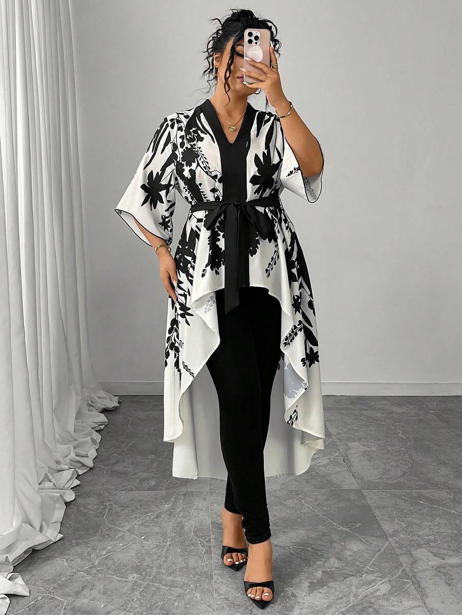 Áo sơ mi công sở thanh lịch, cỡ lớn, in hoa, cổ chữ V, ngắn phía trước, dài phía sau, thích hợp cho mùa hè. - Đen và trắng - Xem 1