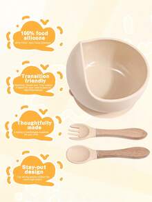 3入組嬰兒餵食器具套裝，一個帶吸盤底的矽膠碗和木柄匙叉，容易清洗，適用於日常使用和戶外活動的兒童餐具 - 卡其色 - 查看 5