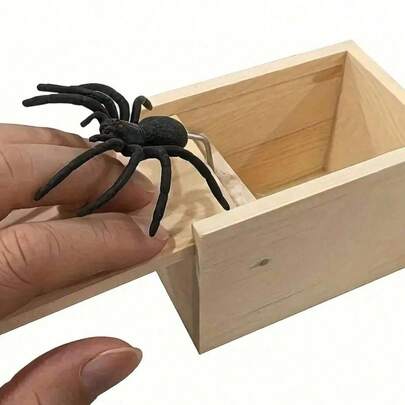 1个木制蜘蛛恶作剧盒 - 趣味搞怪礼品套装，实用恶作剧，适用于各种房间，室内外皆宜，节日主题（万圣节、圣诞节、复活节、感恩节），无需用电