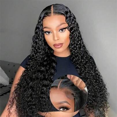 250% Density Glueless Water Wave Human Hair Wig Pre Plucked 13x4 HD Lace Front No Glue Needed Long Curly Black Hair For Women Elegant Style Put On And Go Design 13x4 Deep Wave