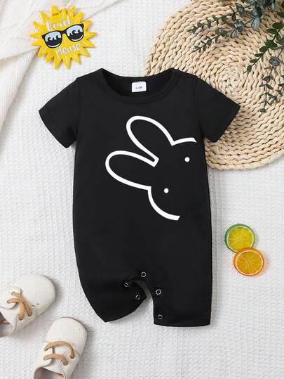 Newborn Baby Boy Girl Jumpsuit Cute Cartoon Print Round Neck Short Sleeve Shorts Jumpsuit