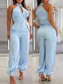 ChicMe Bộ đồ thể thao 2 món cho nữ gồm áo vest không tay và quần jogger có túi, trang phục thường ngày, mặc hàng ngày - Màu xanh nhạt - Xem 2