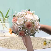 Wedding Bouquets Large For Bride Bridesmaid, Champagne Artificial Roses Flowers For Wedding Church Proposal Home Desk Center Decoration - Pink - View 5