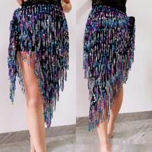 Sequin Belly Dance Skirt, Fringed Belly Dance Hip Scarf, Festival Costume, Women's Latin Dance Skirt With Sequin Fringed Hip Scarf, Halloween - Multicolor - View 7