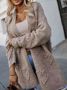 Plus Size Women Classic Solid Color Cardigan, Elegant Mature Versatile Loose Fit Open Front Long Sleeve Sweater, Autumn/Winter - 卡其色 - 查看 1