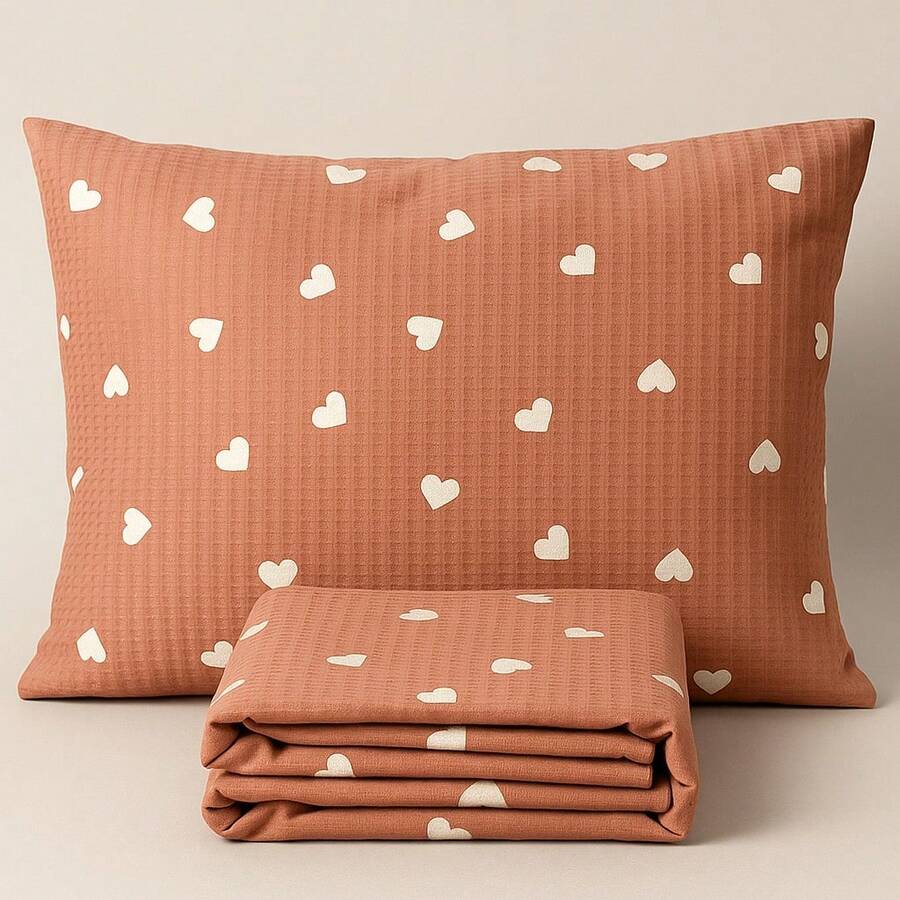 Double Bedspread Piquet Heart Printed Bedspread 3 Pieces - Tea Rose - View 1