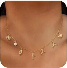 CAROVO Gold Initial Charm Necklace Women Letter A-Z Necklace 14K Gold Plated Charm Pendant Necklace Boho Summer Seashell Beach Starfish Surfer Jewelry - y - 查看 1