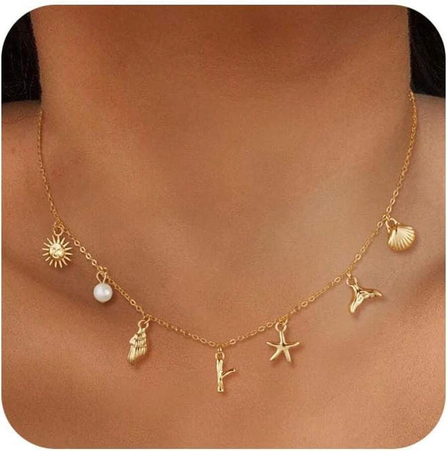 CAROVO Gold Initial Charm Necklace Women Letter A-Z Necklace 14K Gold Plated Charm Pendant Necklace Boho Summer Seashell Beach Starfish Surfer Jewelry - y - 查看 1