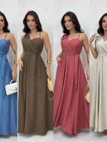Women's Long Dress With Straps, Elegant Bow, Chic Party, Wedding, Graduation, Evangelical Fashion, Bojo - 鏽棕色 - 查看 3