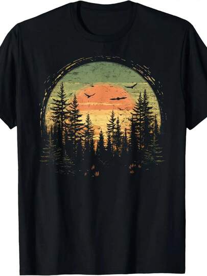 Camiseta de Hombre 100% Algodón Retro con Estampado de Oso y Bosque - Ajuste Holgado de Manga Corta y Cuello Redondo, Camiseta de Camping y Senderismo para Todas las Estaciones con Diseño de Silueta de Árbol de Pino y Oso, Camiseta Negra Casual Cómoda y Transpirable para Eventos Temáticos de la Naturaleza, Lavable a Máquina, Ajuste Relajado para Atuendo Casual, Ideal para Verano y Actividades al Aire Libre, Estilo Maduro con Estampado Inspirado en la Naturaleza