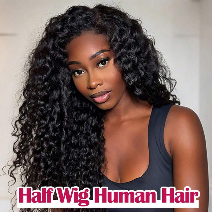Half Wig Human Hair Kinky Curly 3 In 1 Wigs Beginner Friendly Flip Over Drawstring Glueless Wig Kinky Curly Ready To Go Clip In Wigs Natural Color For Women - Natural Black - 查看 1