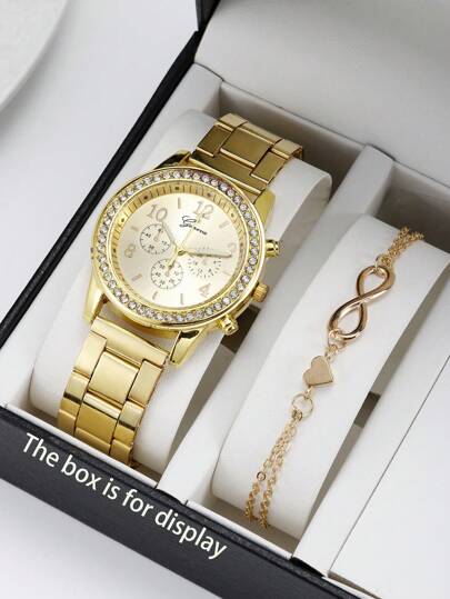 2pcs Women's Luxury Business Versatile Elegant Rhinestone Sparkling Watch & Bracelet Set, Matching Sister Gift, Suitable For Daily Wear, Perfect Gift For Her In Back To School Season