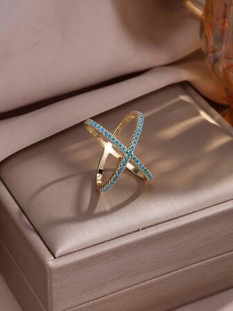 1pc Fashionable New Turquoise Plated Gold Color X-Shaped Ring