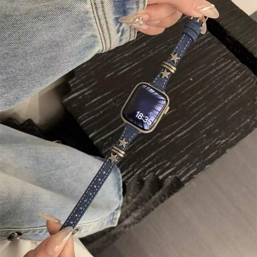 1条装饰性优雅星形超薄皮革表带,兼容系列,女士万圣节黑色吊坠,纤薄设计,尺寸:38mm、40mm、41mm、42mm、44mm、45mm、46mm、49mm,兼容 Ultra、S10、9/8/7/6/5/4/3/2/1、SE - 深藍 - 查看 1