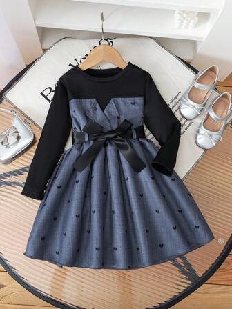 Vestido casual de niña joven de manga larga con cuello en V, a rayas oscuras, parche, lazo y cintura con nudo, estilo línea A, adecuado para uso diario, en casa y al aire libre, primavera/otoño