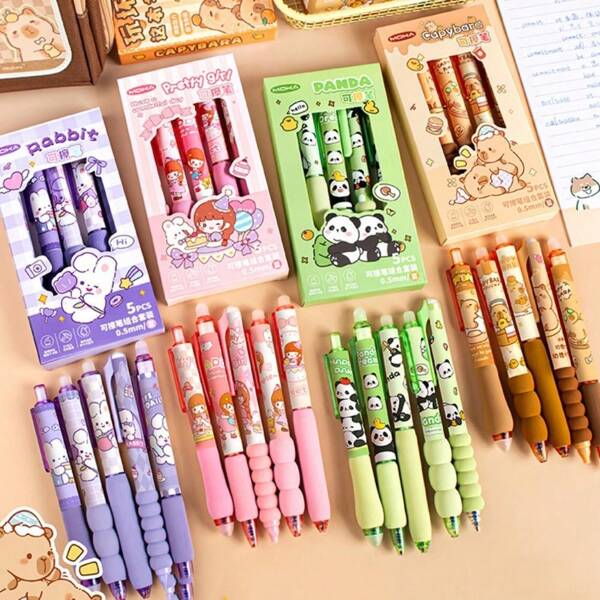 5 pièces/set Stylo gel effaçable à l'encre bleue 0,5 mm, séchage rapide, prise en main douce. Stylo neutre avec motifs de capibara, panda, lapin. Convient pour les étudiants.