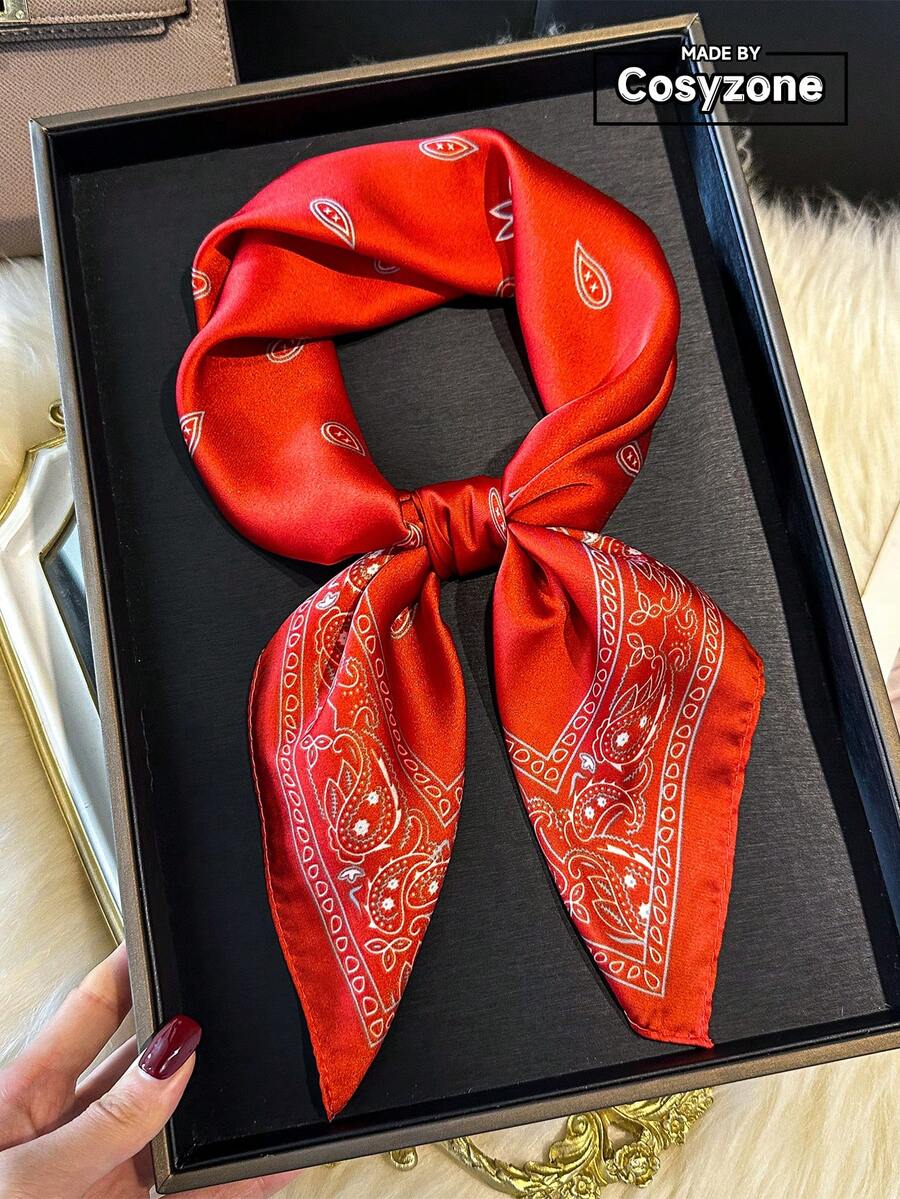 1pc Paisley Print Faux Silk Men's Bandana, Versatile Neck Scarf, Headband, Decoration - Red - View 1
