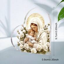 1 pezzo Ornamento da battesimo in acrilico con tema di Gesù e Vergine Maria - Elegante targa decorativa da scrivania con design a forma di cuore, decorazione per il plenilunio di nascita, regalo cristiano per le donne, decorazione per compleanni, ricordo religioso, decorazione per uffici domestici, decorazioni da tavolo