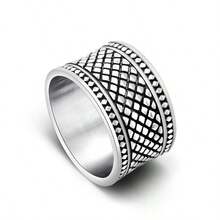 Retro Plaid Pattern Wide Titanium Steel Ring, Fashionable For Men On Thumb, Index Or Middle Finger
