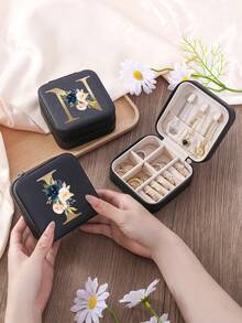 1pc Floral Rose Initial Jewelry Box, A-Z PU Leather White Portable Travel Jewelry Box, Black Jewelry Storage Box, Pink Mini Portable Zipper Jewelry Box, Necklace, Ring Pendant, Bracelet, Earring Storage Box, Jewelry Packaging Box, Suitable For Mother's Gift, Wedding Gift, Bridesmaid Gift, Anniversary Gift, Christmas Gift And Girlfriend's Boutique Gift. - Multicolor - View 8