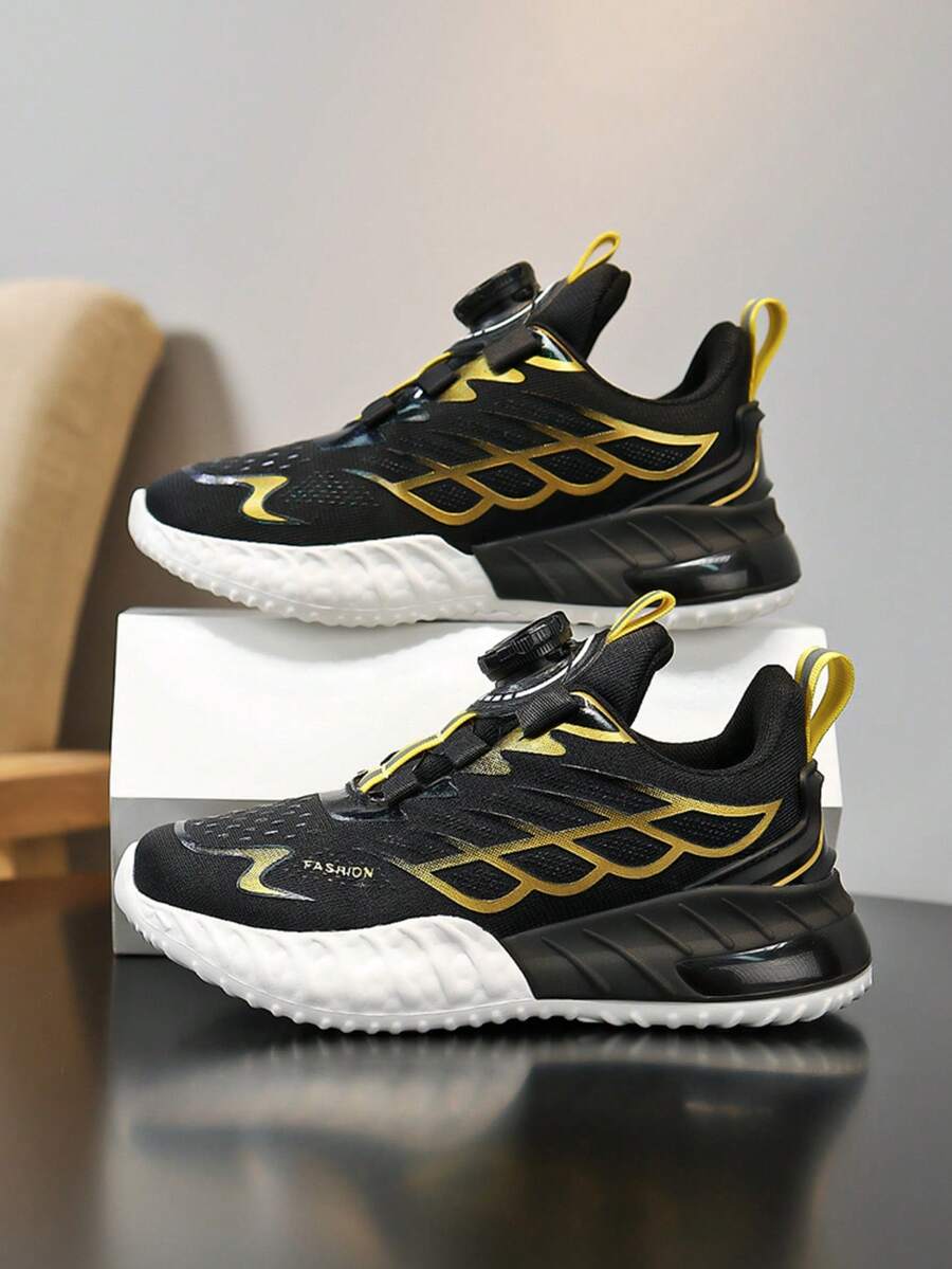 Children's Breathable Sports Shoes, EVA Soft-Soled Fashionable Casual Shoes For Teenagers, Low-Top Mesh Kids Sneaker, Running Shoes Suitable For Boys And Girl. Lightweight And Comfortable Sports, Basketball Shoes With A Rotating Buckle Closure Method - 黑色 - 查看 1